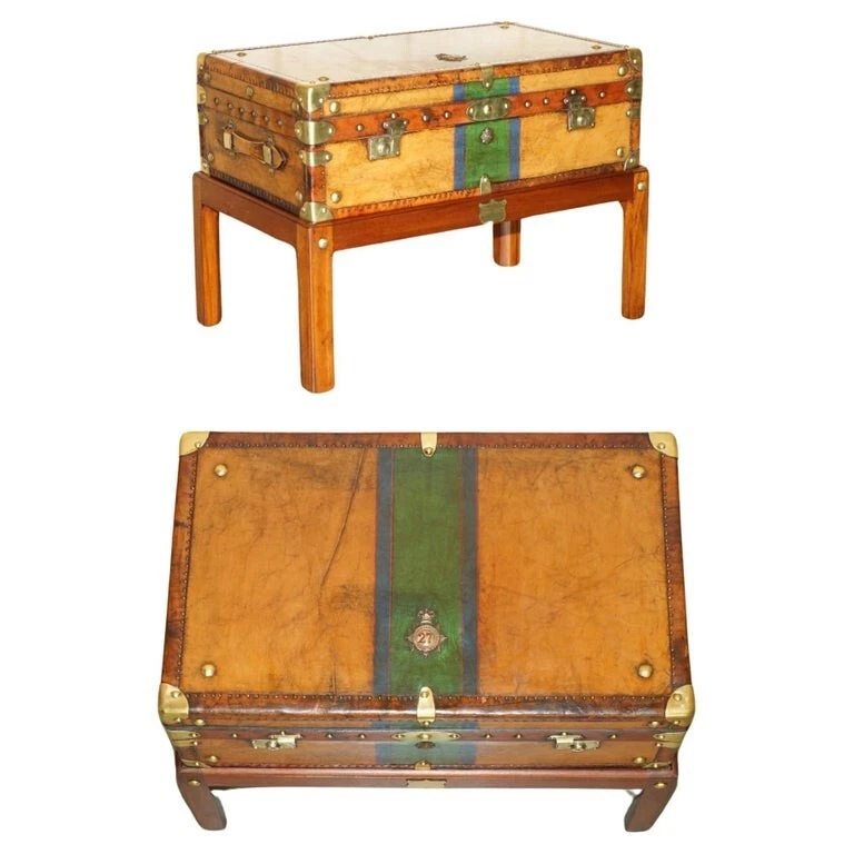 RESTORED BRITISH ARMY BROWN LEATHER TRUNK COFFEE TABLE HONI SOIT