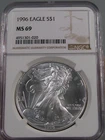 BU Key Date 1996 Silver American Eagle NGC MS69 - Crack in Holder.  #5