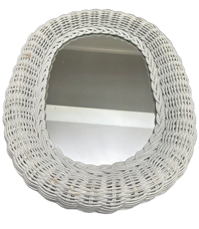 Espejo ovalado de mimbre blanco vintage casa de campo Shabby Chic tocador casa de playa 16 X 12 Foto 2 de 4