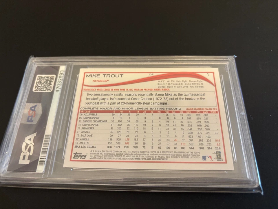 MIKE TROUT 2014 Topps card  #1 Yellow Border Retail Hangar Angels PSA 10 POP 22 - Image 2 of 2