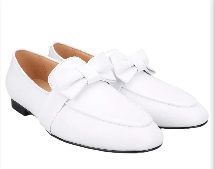 Men's Fashion Round Toe Bowknot White Leather Loafers Groom Wedding Dress Shoes - Image 2 of 4