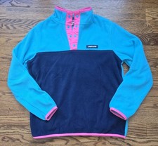 Lands' End Sweatshirt Girls' 10-12 Fleece Pullover 1/4 Snap Navy Teal Pink