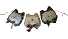 Primitive Folk Art Handmade Hanging Fabric Rag Cat Face Trio Jute 22” Country