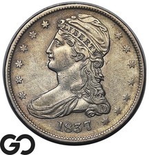 1837 Capped Bust Half Dollar, Reeded Edge, Neat Obv Die Break, Choice AU++, Nice
