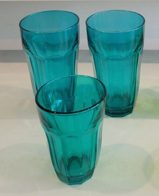 3 PASABAHCE TEAL BLUE DRINKING GLASSES 2 HIGHBALL 1 JUICE HOLDS 10 AND 6 OZS