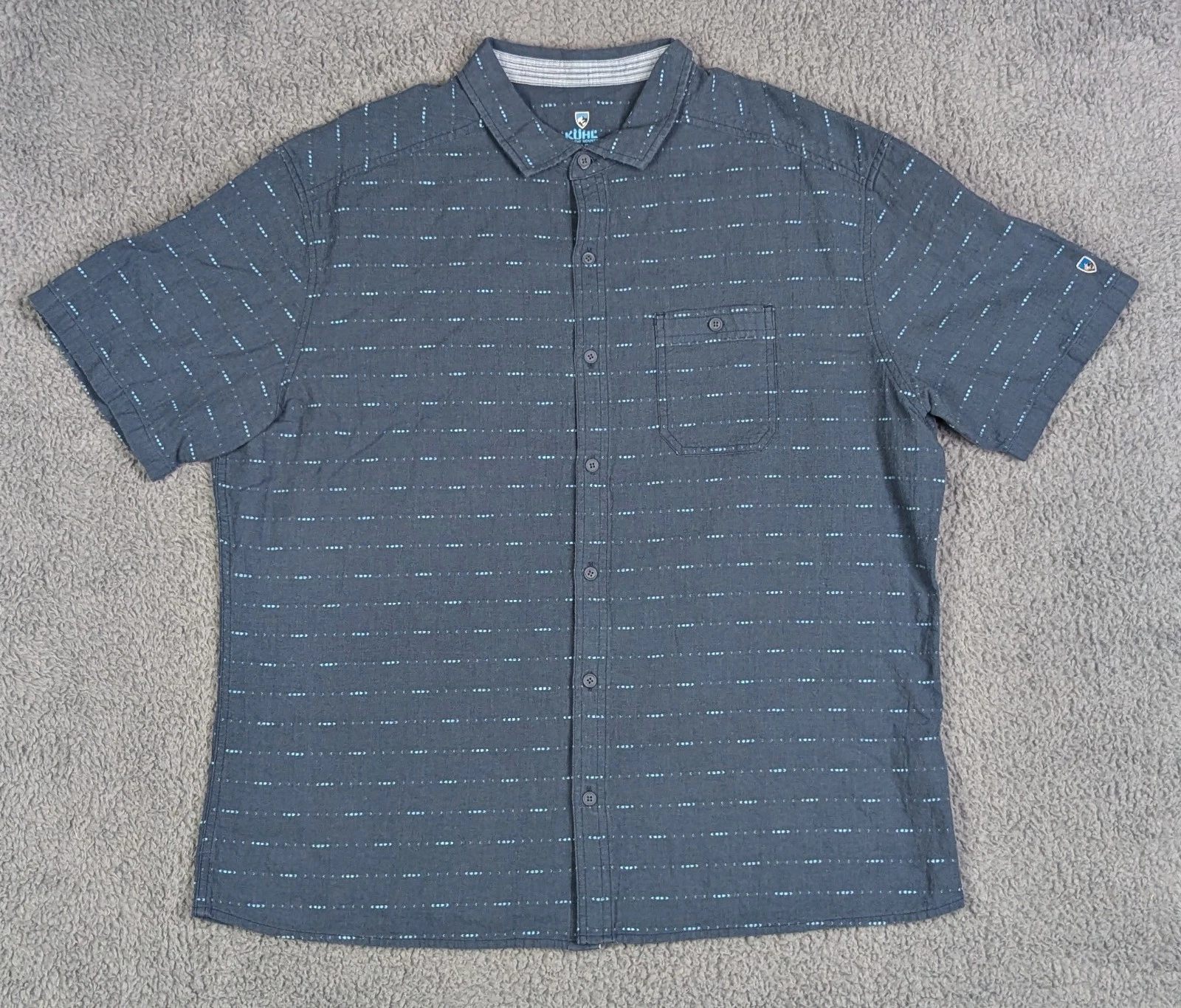 Kuhl Shirt Mens XXL Blue Button Up Linen Cotton Short Sleeve Collared Striped