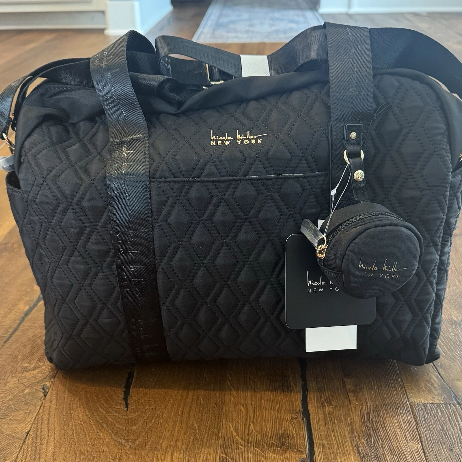 Nicole Miller Quilted Black Diaper Duffle Bag W/Pacifier Holder & Changing Pad