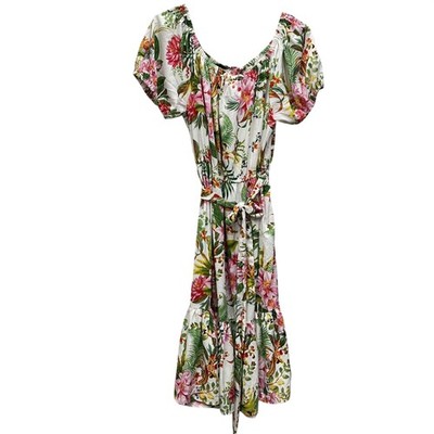 Girl Soul Dress Womens 3X Multicolor Tropical Floral Puff Sleeve Belted Sundress