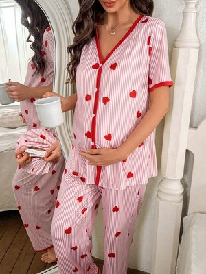 Ladies V Neck Short Sleeve Pyjama Set With Heart And Stripe Pattern Cheap24