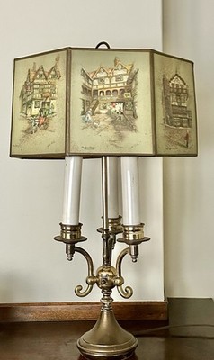 Vintage French Bouillotte Candlestick Brass Table Lamp 3-Light w/Clyde ColeShade