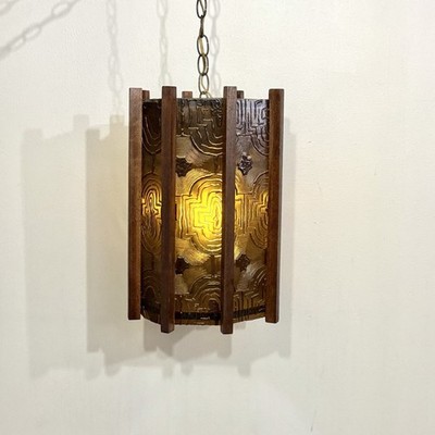 Vintage MCM Mayan Tiki Panel Swag Lamp Hanging Light Mid Century Modern 1970s