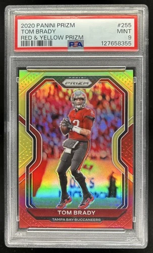 2020 Panini Prizm Tom Brady Red and Yellow #/49 Buccaneers PSA 9