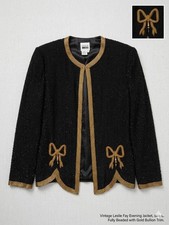 Vintage Leslie Fay Evenings Black Silk Beaded Gold Bow Jacket Size L