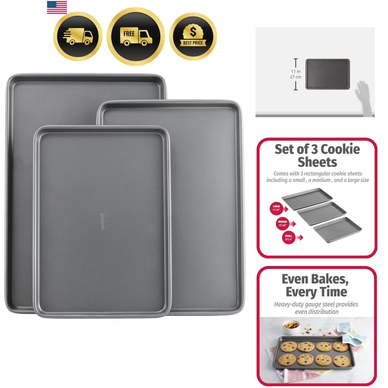 Nonstick Baking Sheet Set 3 Pcs Carbon Steel Cookie Pans Assorted Sizes
Opens in a new window or tab