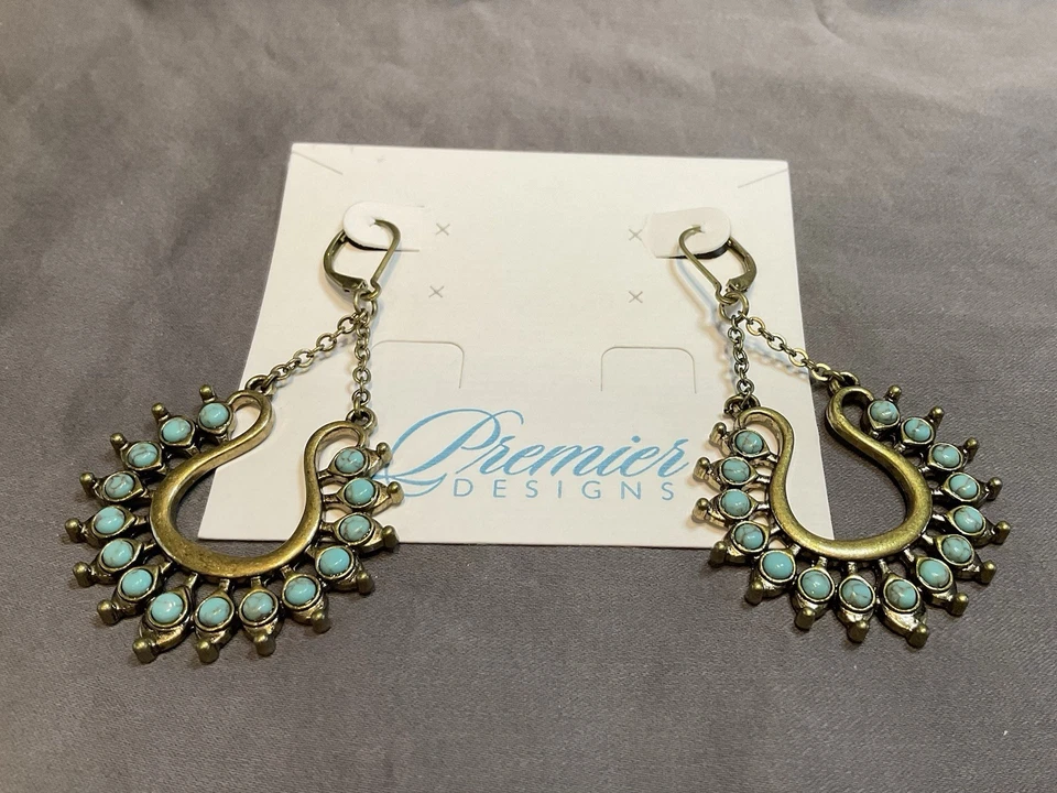 Pendientes colgantes Premier Designs tono dorado y turquesa #1472 nuevos con etiquetas Foto 4 de 4