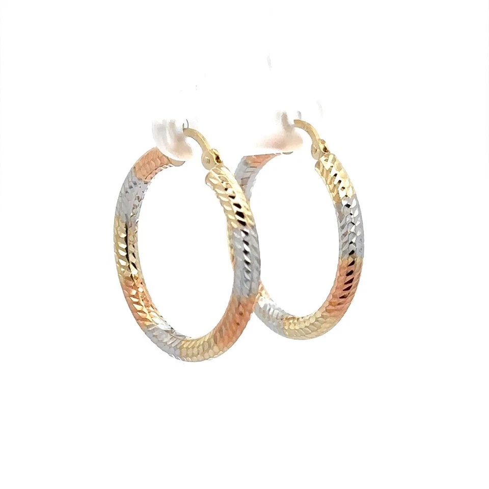 14K Rose Yellow & White Tri Color Gold Diamond Cut Finish Classic Hoop Earrings - Image 4 of 4