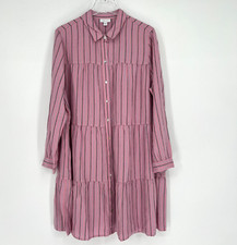 J Jill Dress womens L Pink Striped Linen Long Sleeve Tiered Preppy Boho