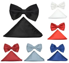Men's Bow Tie & Handkerchief hanky Tied Wedding Party Solid Colors Set