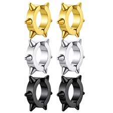 Punk Men Women Stainless Steel Spike Huggie Hoop Fake Earrings Non-pierced Stud