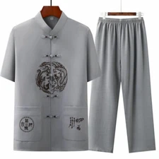 Men Chinese Tang Suit Outfit Jacket Pants Kung Fu Tai Chi Uniform Dragon Pattern