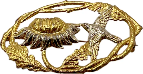 Vintage Art Nouveau Lotus Flower Sparrow Bird Brooch Pin Costume Jewelry