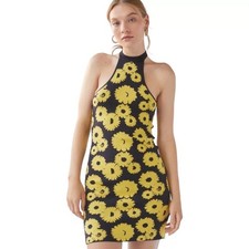 NWT Urban Outfitters Charlie Yellow Black Floral Knit Halter Mini Dress Size M