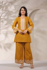 Women Mustard Cotton Embroidered Kurta Pant Co-ord Set Casual Wear NF-44 