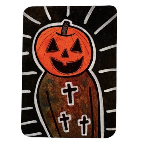 Original Watercolor Acrylic Painting Pumpkin Head #3 ACEO art Horror Halloween