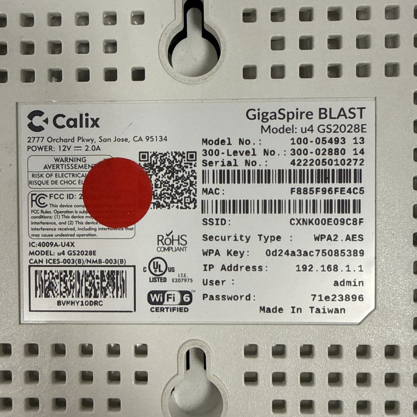Calix GigaSpire BLAST u4 GS2028E Wi-Fi 6 Mesh Router Dual-Band - Reset ...