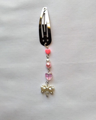 White Bow Pink Heart Beaded Cottagecore Dangle Accessory Hair Clip Barrette