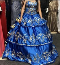 Blue Gold Embroidered Formal Quincea era Dress with Floral Detailing