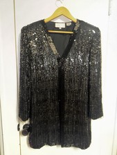 VTG Cache Black Sequin Beaded Fringe Jacket Size S Silk Festival Country