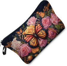 Floral Butterfly Makeup Bag Pink Rose Small Cute Organizer Bag Zipper Pouch Flor