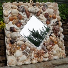 Vintage Seashell Mirror Hand Made Wall Art Sea Shell Coastal Design 15" Square