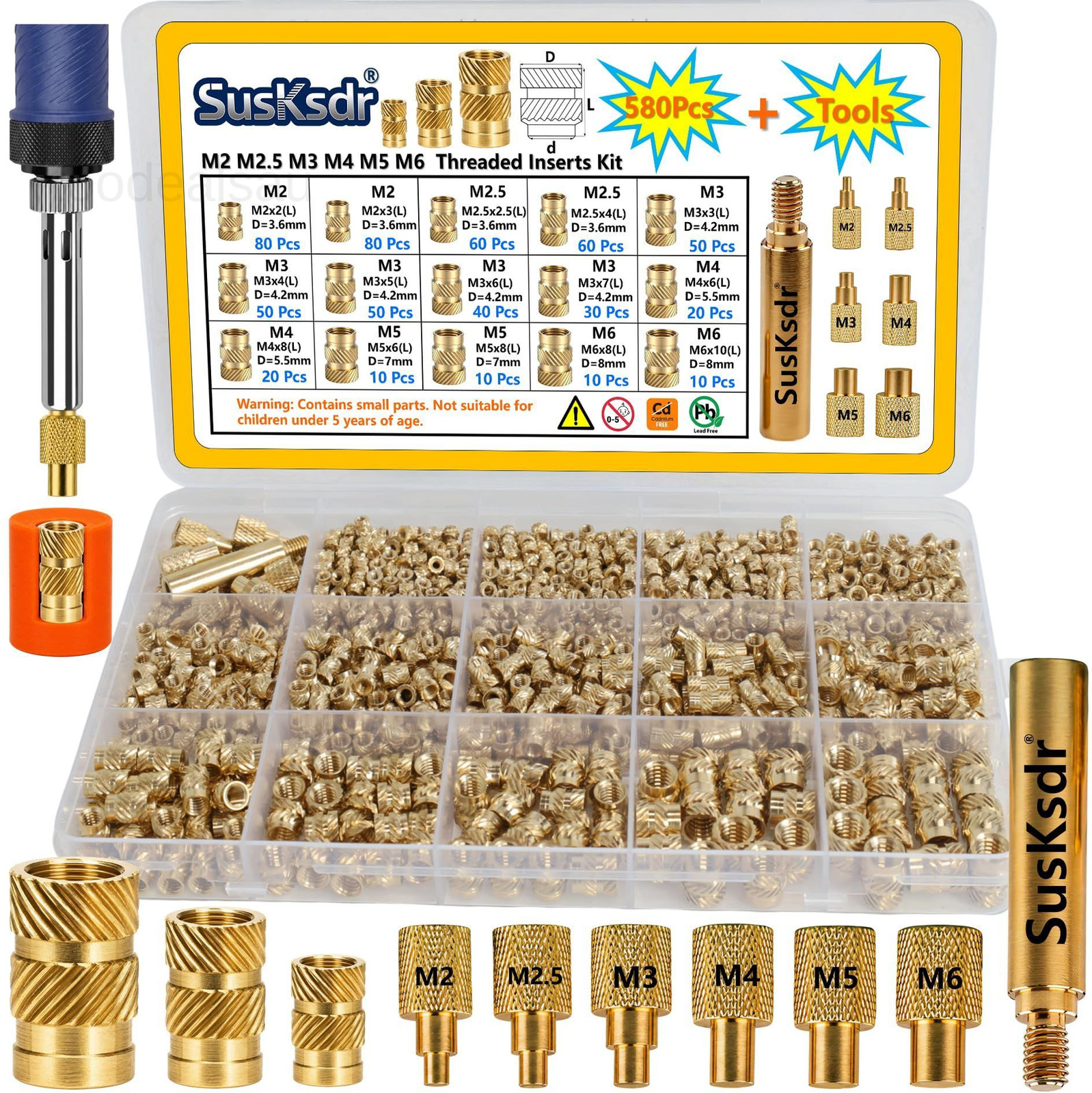580+7PCS Heat Set Threaded Inserts Kit, M2 M2.5 M3 M4 M5 M6 Metric Brass