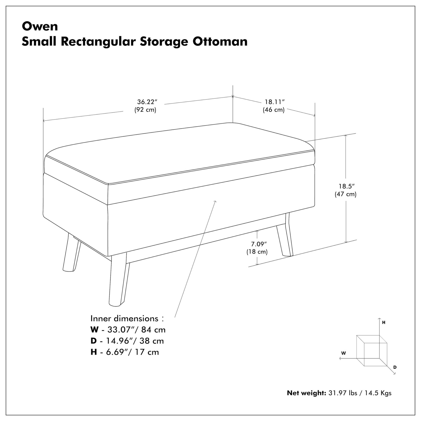 Owen 36 inch Wide Mid Century Modern Rectangle Small Rectangular Storage Ottoman