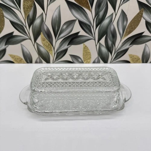 Vintage Wexford Anchor Hocking Glass Covered Butter Dish Diamond Point Pattern