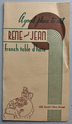 1940s Rene & Jean Restaurant Dinner Menu French Table D'Hote Los Angeles CA