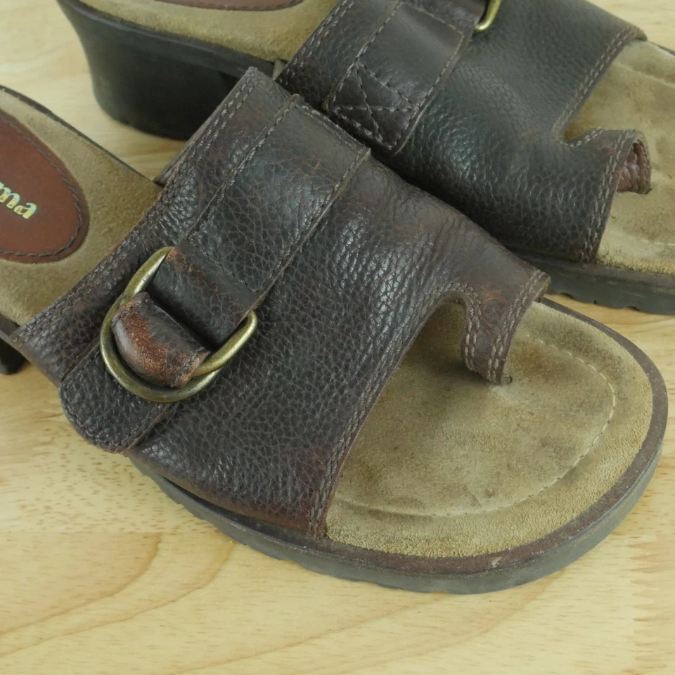 Vintage 7 1/2 Sandals Chunky Heel Slides Toe Loop Buckle Brown Leather Y2K Boho - Image 3 of 4