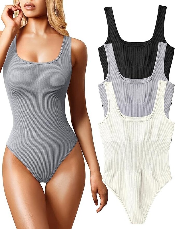 OQQ Women's 3 Piece Bodysuits Ribbed Sleeveless Square Neck Tank Tops Set Small
