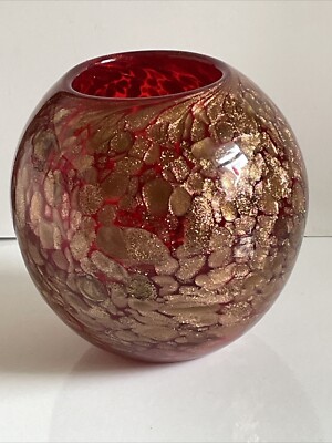 Art Glass Murano Style Ruby Red Copper Gold Aventurine Rose Bowl Vase Globe 6 