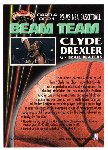 1992-93 TOPPS STADIUM CLUB BEAM TEAM CLYDE DREXLER INSERT CARD #4 **NM-MT** - Imagen 2 de 2