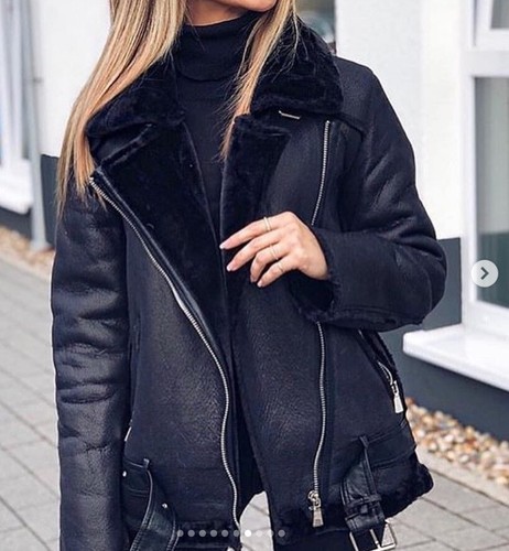 ZARA nero in finta pelle montone pelliccia doppio di fronte Aviator Giacca  Biker Cappotto Nuovo | eBay