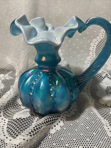 Fenton Beaded Melon Pitcher Handle Vase Beaded Iridescent Blue Teal Turquoise