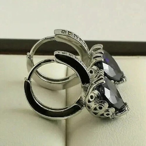 Dangle Drop Heart Earring 14K White Gold Finish Simulated Heart Cut Sapphire - Picture 3 of 5
