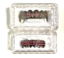 Gun Metal Lab Diamond Mouth Teeth Grillz Upper Lower Fangs Set Cardi B Pink