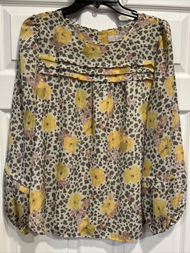 Loft Women’s Medium Long Sleeve Gray Leopard And Yellow Floral Lined Blouse NWT