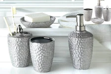 Set of Four (4) ** HAMMERED SILVER TEXTURE PORCELAIN BATH ACCESSORIES ** NIB