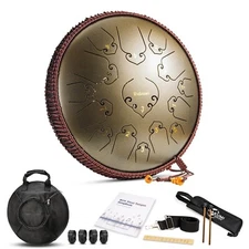 14" Steel Tongue Drum 15 Note Percussion Instrument Handpan with Mallets Bag