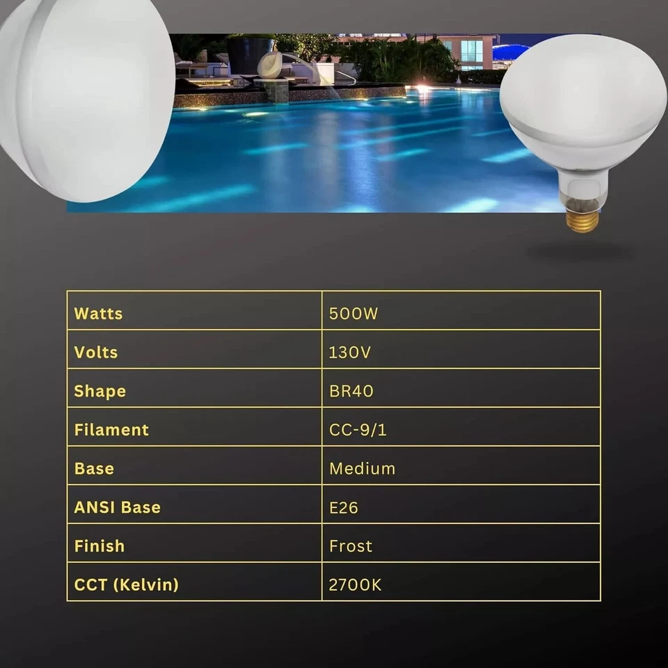Satco S7007 - 500 Watt BR40 Dimmable Bulb - 2700K - Great for Pools! (1 or 2 PK) - Image 4 of 4